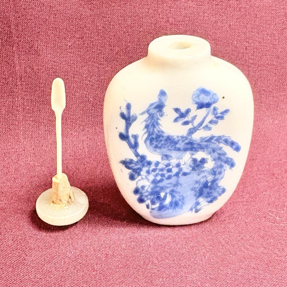 Vintage Chinese Porcelain Snuff Bottle Blue Phoenix Pattern Jade Lid 1950s